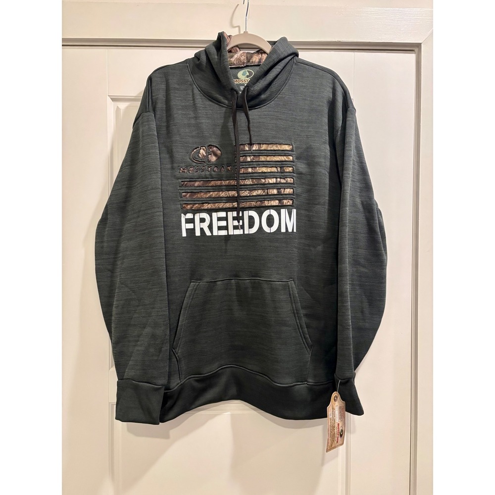 Mossy Oak Freedom Hoodie Mens XL Charcoal Camo Flag Performance Sweatshirt NEW